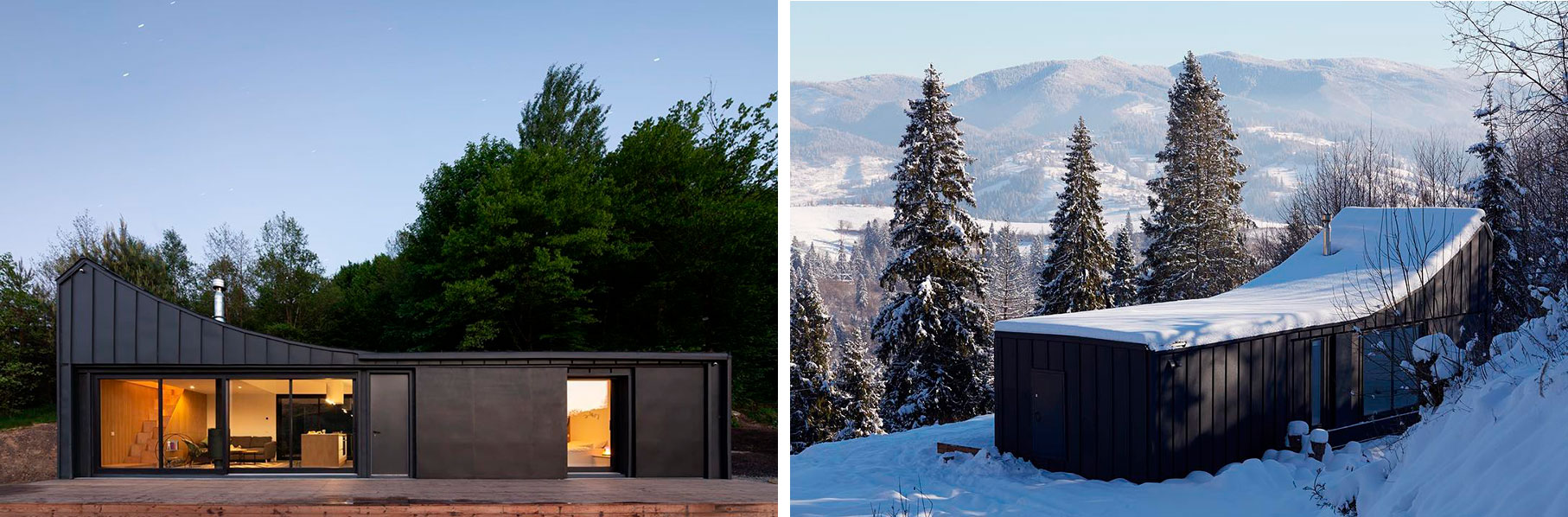 Modern minimalist house with two bedrooms at Cosmos Retreats with all amenities, a terrace, and a barbecue area, located in the forest, offering secluded but city-close nature retreats, shown in both a calm nighttime setting and a snowy winter landscape.