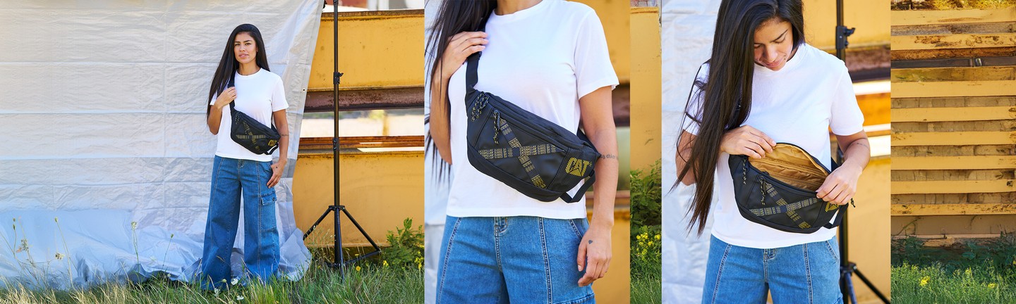 Woman wearing a white t-shirt and jeans with a black and yellow patterned Caterpillar (CAT) waist bag in different positions.