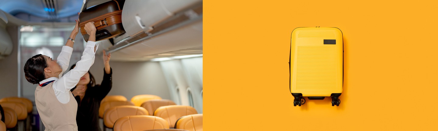 Flight attendant assisting a passenger with placing a suitcase in an overhead compartment, alongside an image of a yellow suitcase on a yellow background.